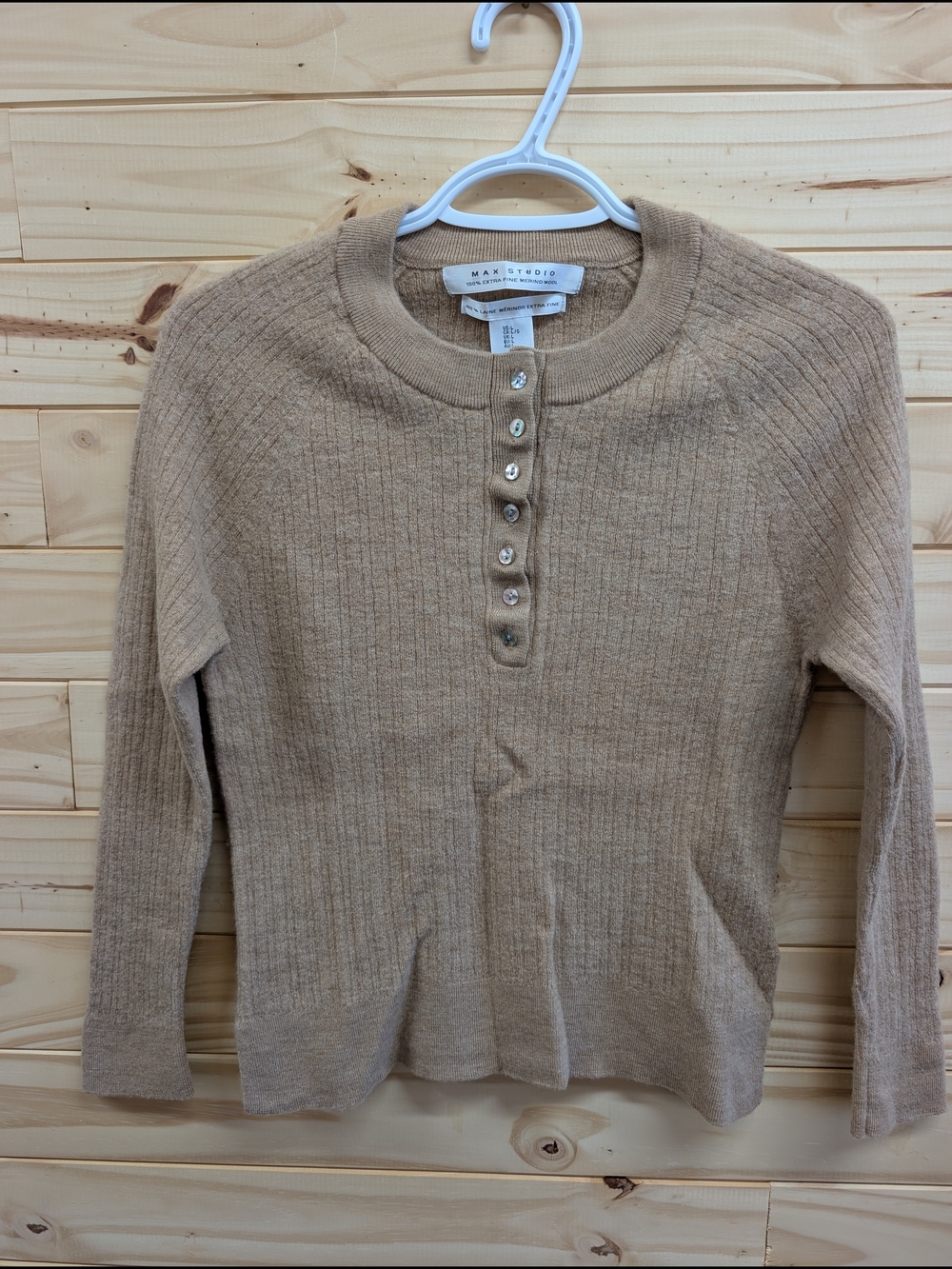Max studio Ribbed Button Henley Sweater - Camel